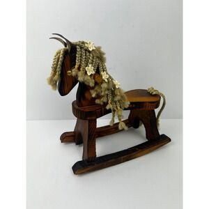 Vintage Handcrafted Wooden Rocking Horse Figurine Braided Yarn Mane Flowers